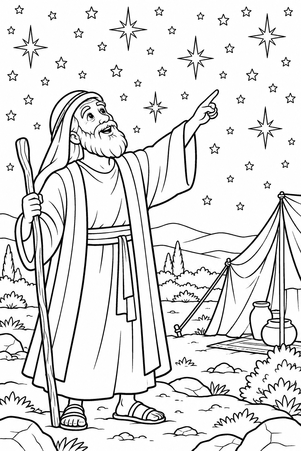 Desenho para colorir: Abraão olha as estrelas