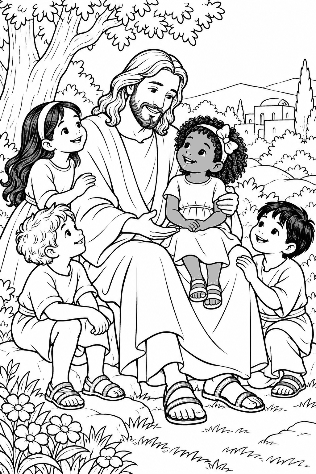 Desenho para colorir: Jesus e as crianças
