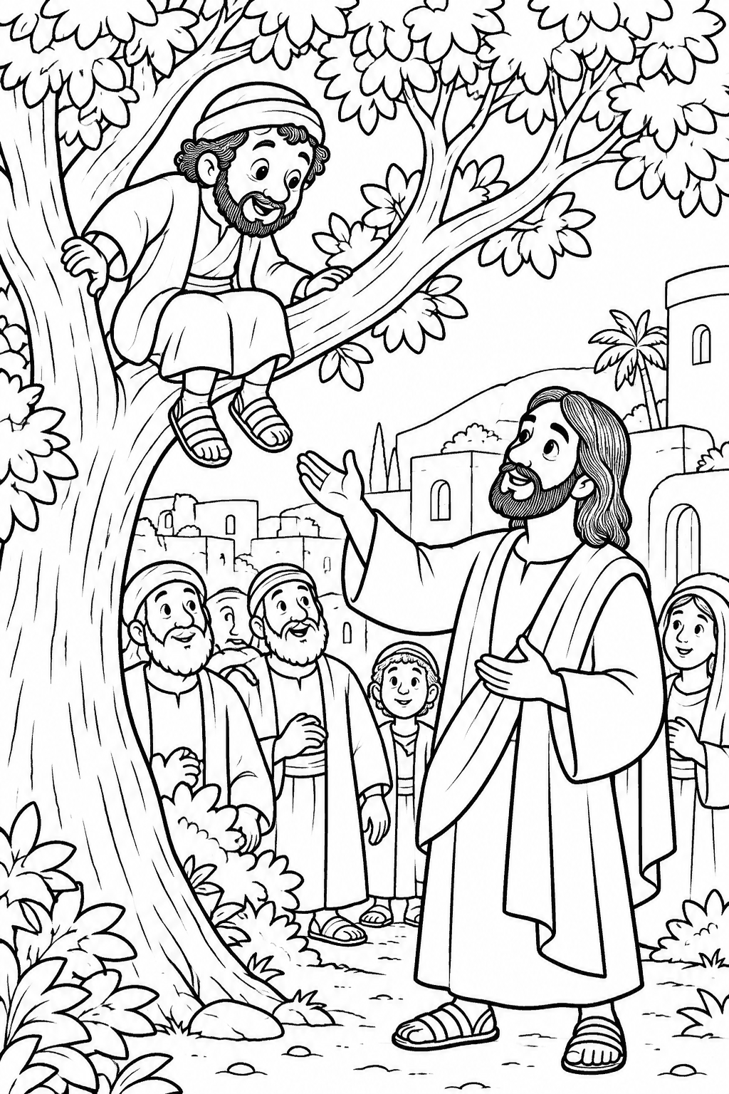 Desenho para colorir: Zaqueu na árvore
