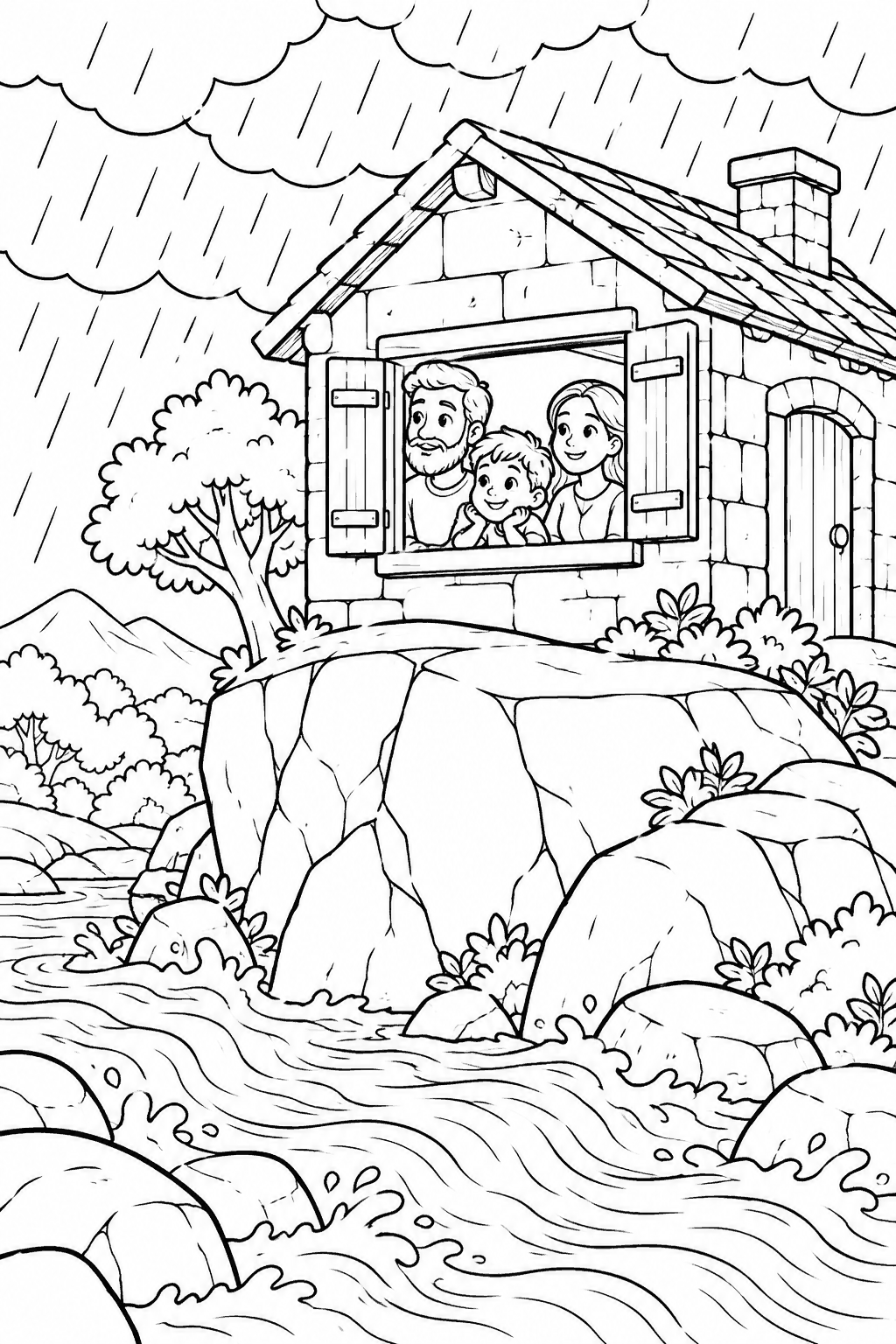 Desenho para colorir: A casa sobre a rocha