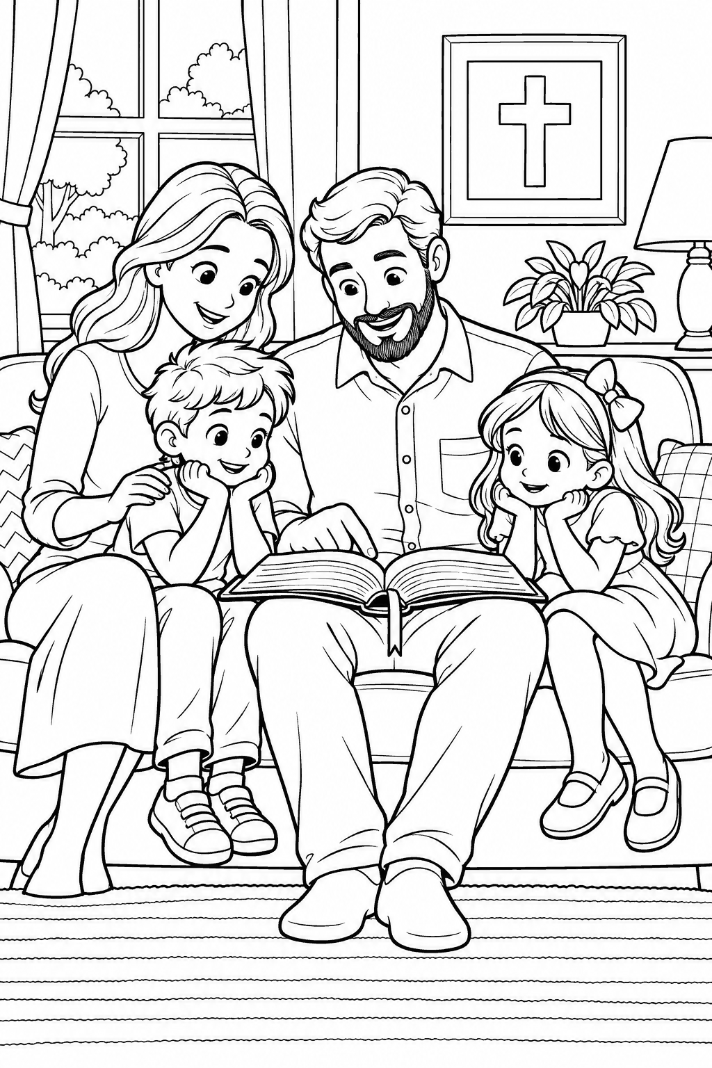 Desenho para colorir: Lendo a Bíblia em família